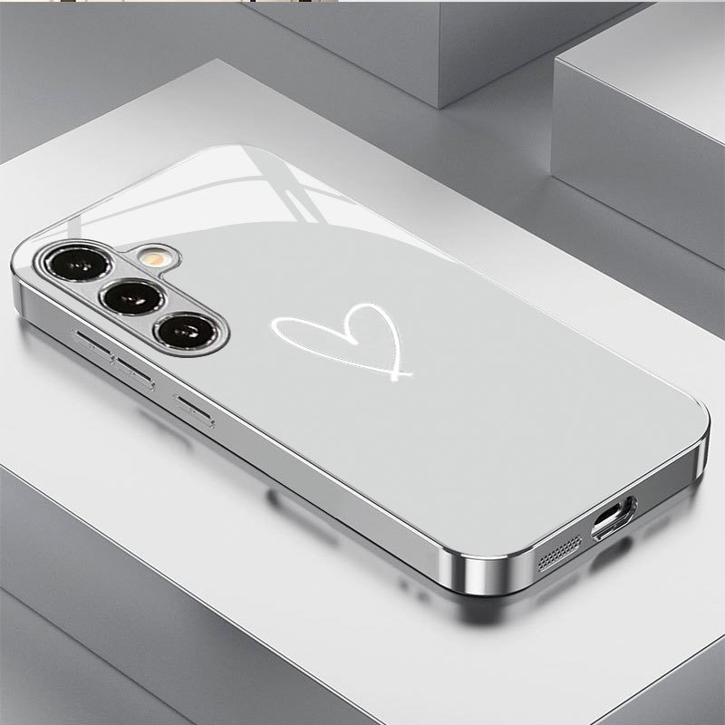TEMU Phone Case - New Minimalist Line Heart 2d Pattern Electroplated Glass Case Designed For S26, S25, S24, S23, S22, S20, A55, A54, A53, A52, A36,