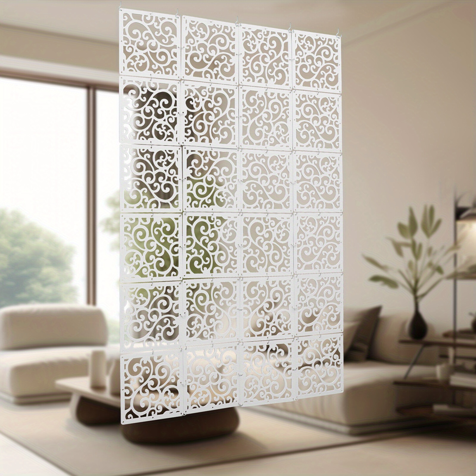 Image of Set Of 24 Soft Curtains For Hanging Partitions, Ideal For Home Decor. Privacy Screens Used In Spaces Such As Doors, Living Rooms, Windows, And Bedrooms, Featuring A Vine Design In White
