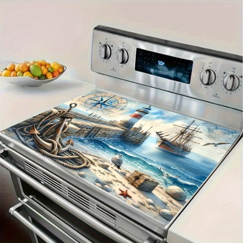 TEMU 1pc Tapis de pour Cuisinière à Gaz Brise Océanique - Résistant à la Chaleur et aux Rayures, Design Thème Océan, Facile à Nettoyer, Ajoute un