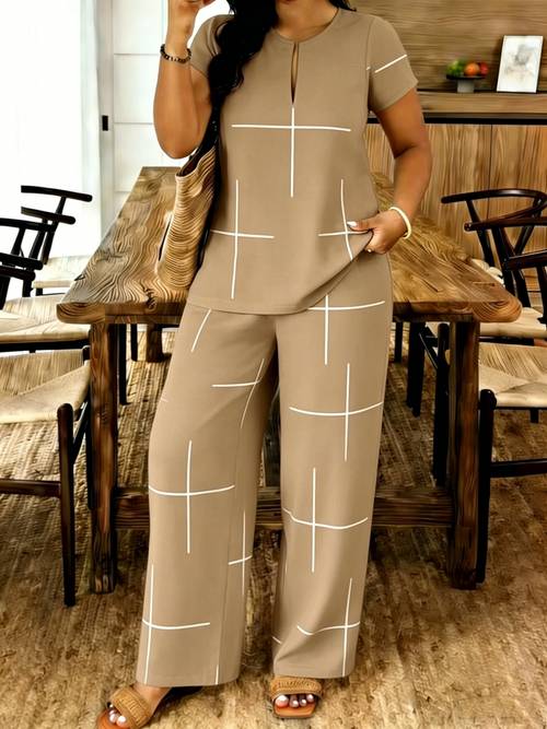 plus size plus size this two piece womens summer casual set features a v neck short sleeved top with casual trousers a popular for vacations the soft comfortable