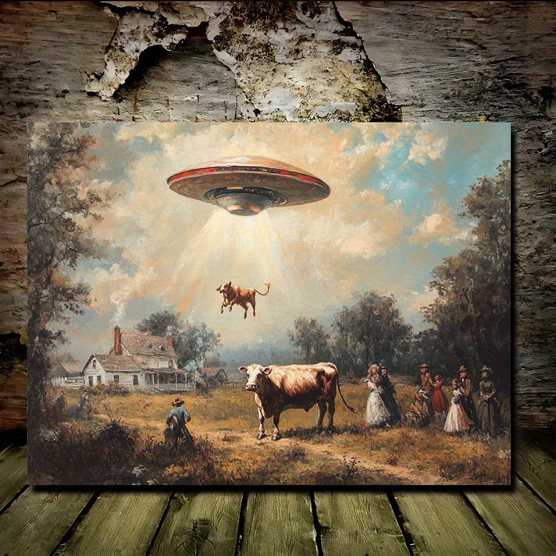 

Landscape Painting - Humorous Extraterrestrial Theme Wall Art, Canvas Frame Art For Living Room, Bedroom, Halloween - 11.8x15.7 Inches