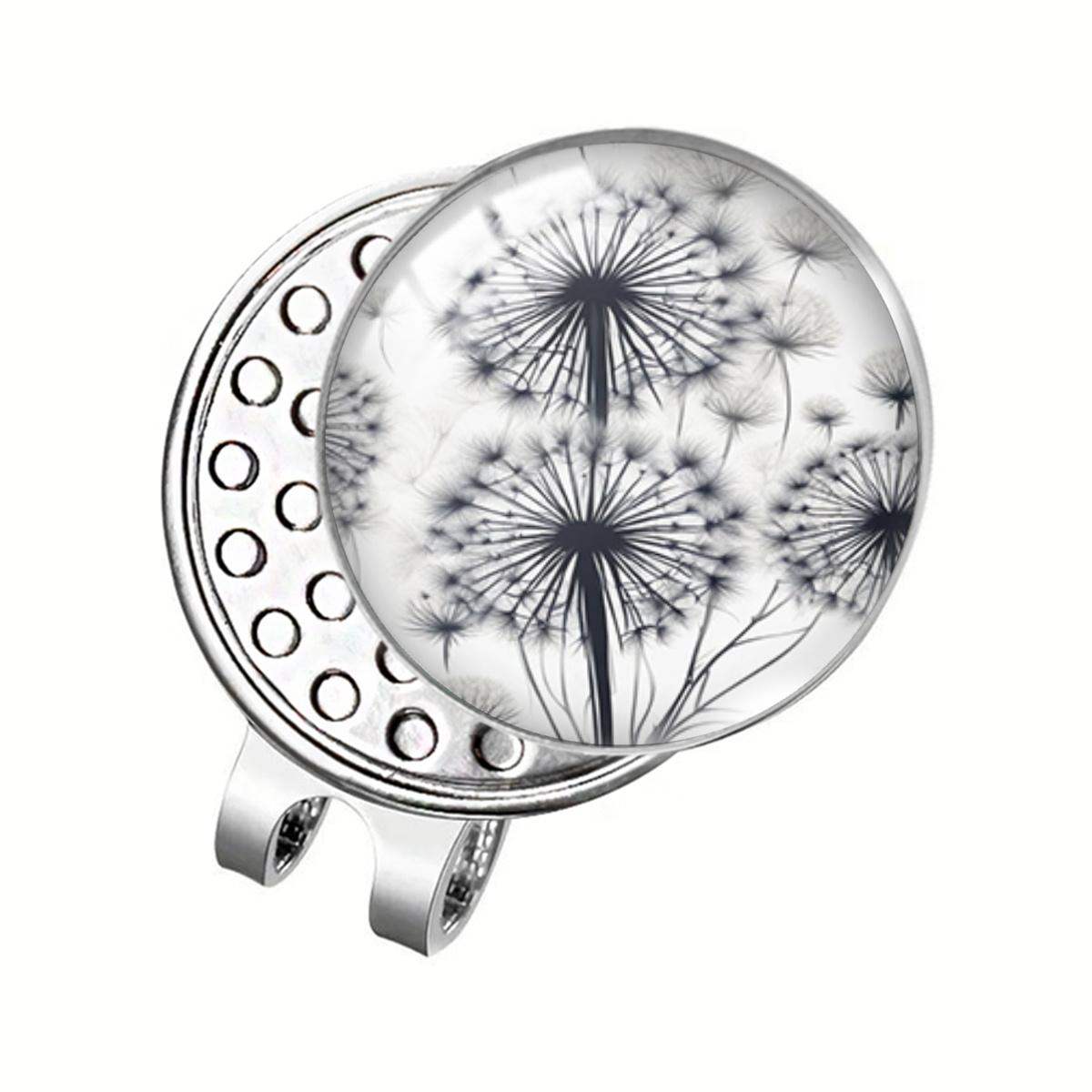TEMU 1pc Black White Sketch Dandelion Round Glass Dome Hat Clip Golf Ball Clip