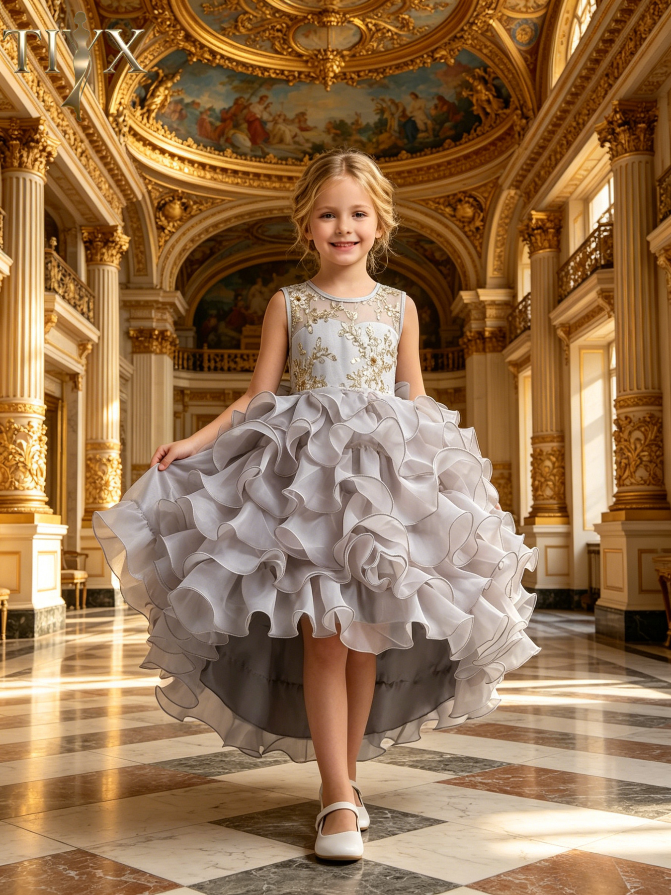 gray tulle sequin floral tail tutu formal gown sleeveless multi ruffle high low   princess dress 2 15y church   outfit graduation red carpet childrens day party thanksgiving holiday wear piano   gown   birthday outfit