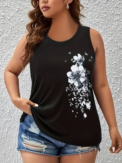 plus size floral print plus size fashion round neck tank top for women sleeveless vest