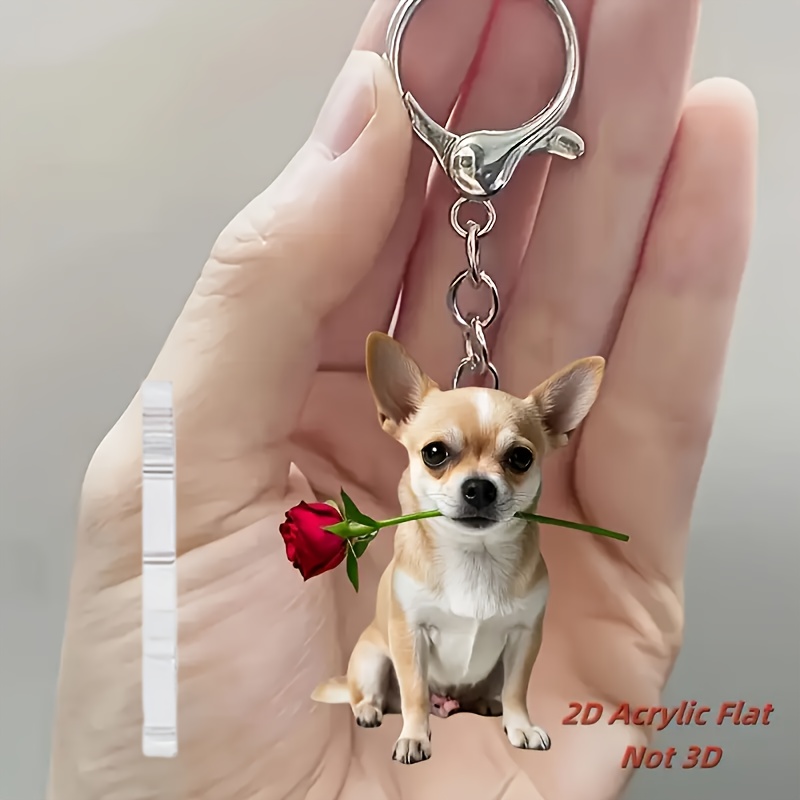 TEMU 2d Flat - 1pc Of A 2d Flat Acrylic Keychain Featuring An Adorable Chihuahua Puppy Holding A Rose. Perfect For Pet Lovers, Used On Backpacks, Car