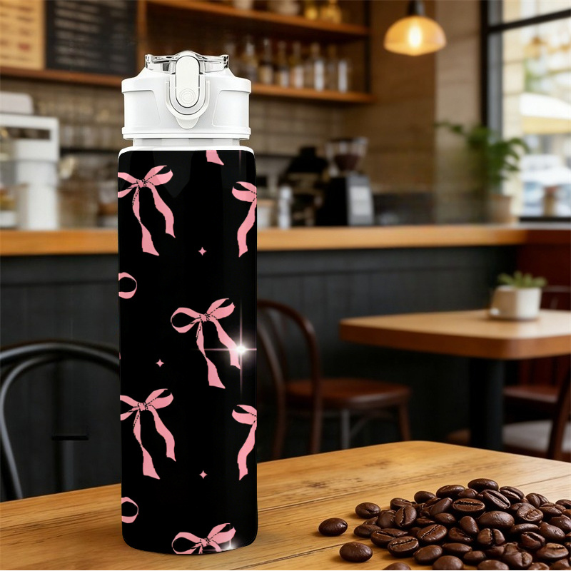 TEMU Water Bottle With Lids 750ml 25oz Plastic Drink Bottle, All Over 2d Printed Design, Pop Top Flip Straw Lid, Light Pink Bows With Sparkles Repeat