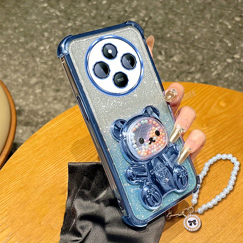 TEMU Phone Case: Redmi14c 4g Cute Bead Lanyard Chain Bracelet Quicksand Bear Bracket Folding Holder Luxury Gradient Glitter Plating Phone Case For
