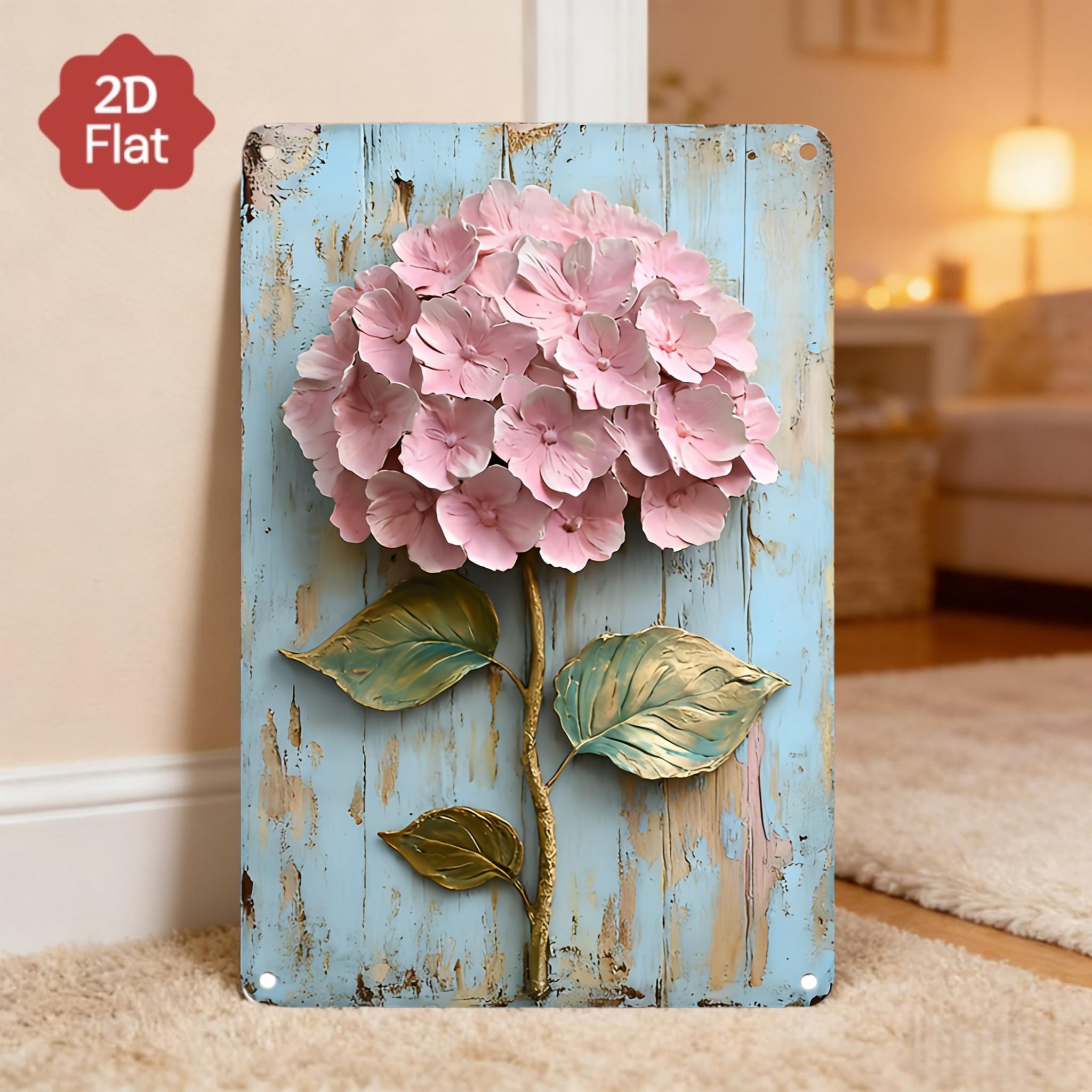 E-shop 2D-Flach, 2D-Flach Vintage Hortensien-Holz-Wanddeko – Rustikale Dekoration aus Holz mit rosa weißen Blumen, einfach aufzuhängen, geeignet für