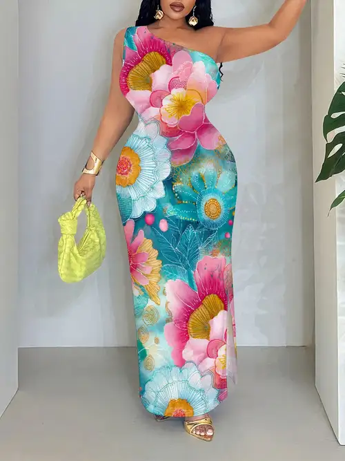 One Shoulder Pastel Dress, Vibrant Floral Maxi * Slit Party Gown * Outfits, S-2XL Multi, Dress One Shoulder Pastel Dress, Vibrant Floral Maxi * Slit Party Gown * Outfits, S-2XL Multi, Dress