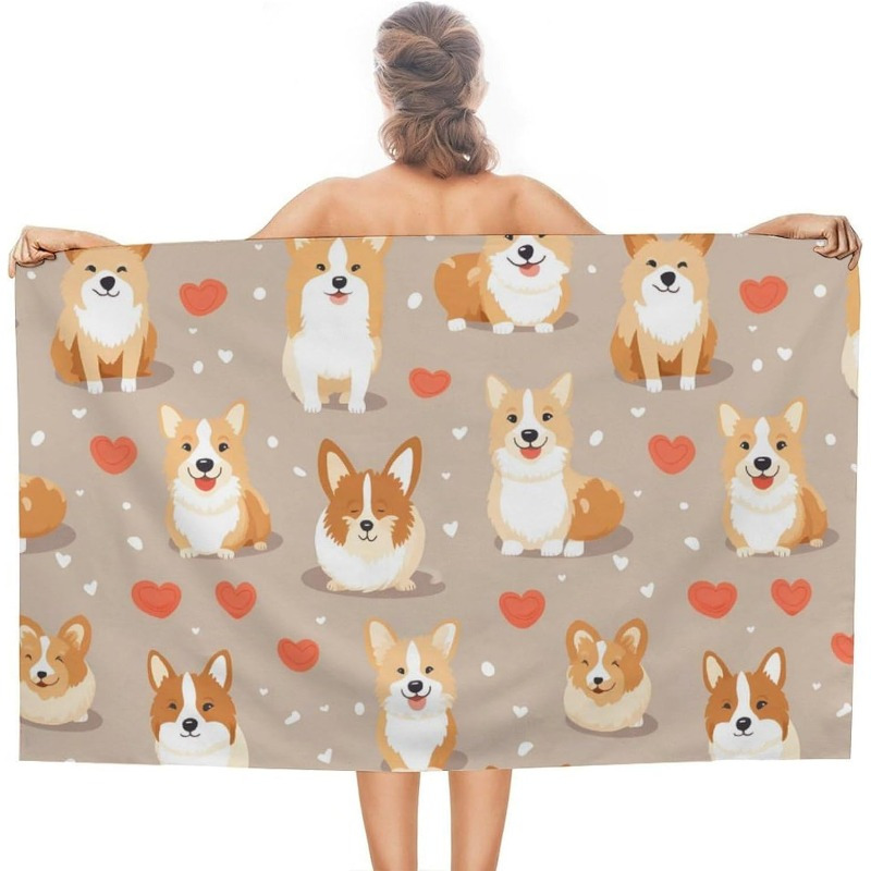 

1pc Corgi & Polyester Towel - 27.5x55 Inch, Kitchen, Beach, Spa, Yoga, Gym | Soft & Absorbent Square Towel With Cartoon-style Corgis And Hearts On Light Background