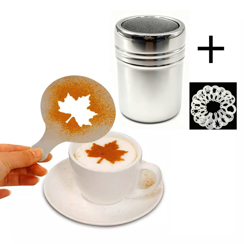 TEMU [sifter template] 1pc Stainless Steel Chocolate Shaker Flour Coffee Sifter   16pcs Coffee Stencils Template Ideal For Bar, Pub, Club, Restaurant