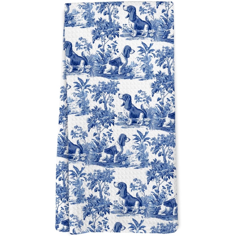 TEMU 1pc 18x26inch Chinoiserie Basset Kitchen Towels, Blue And White Floral Dog Hand Towels For Bathroom Decor, Basset Hound Gifts Dishcloths Dish