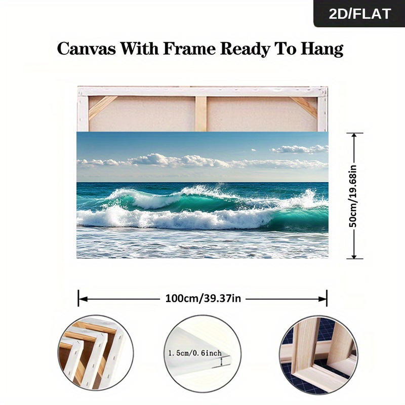 TEMU Moderne 2D Plat 1pc 19,68*39,37 pouces/50cm*100cm avec Cadre - de l'Océan S'écrasant sur le Rivage - Impression sur Toile pour Salon, Décoration