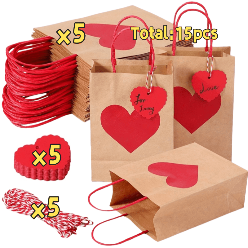 Image of Gift For Her/him 15pcs, Including 5 Bags, 5 Strings, And 5 . Heart-shaped Gift Bags For Mother's Day, , Valentine's Day, Shopping, And Party Gift Bags, Paper Tote Bags