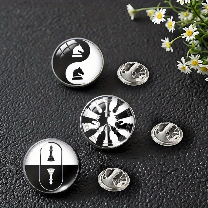 TEMU 3pcs Black And White Chess Piece Pattern Round Glass Stainless Steel Brooch Set Handmade Clothing Backpack Additions Gift