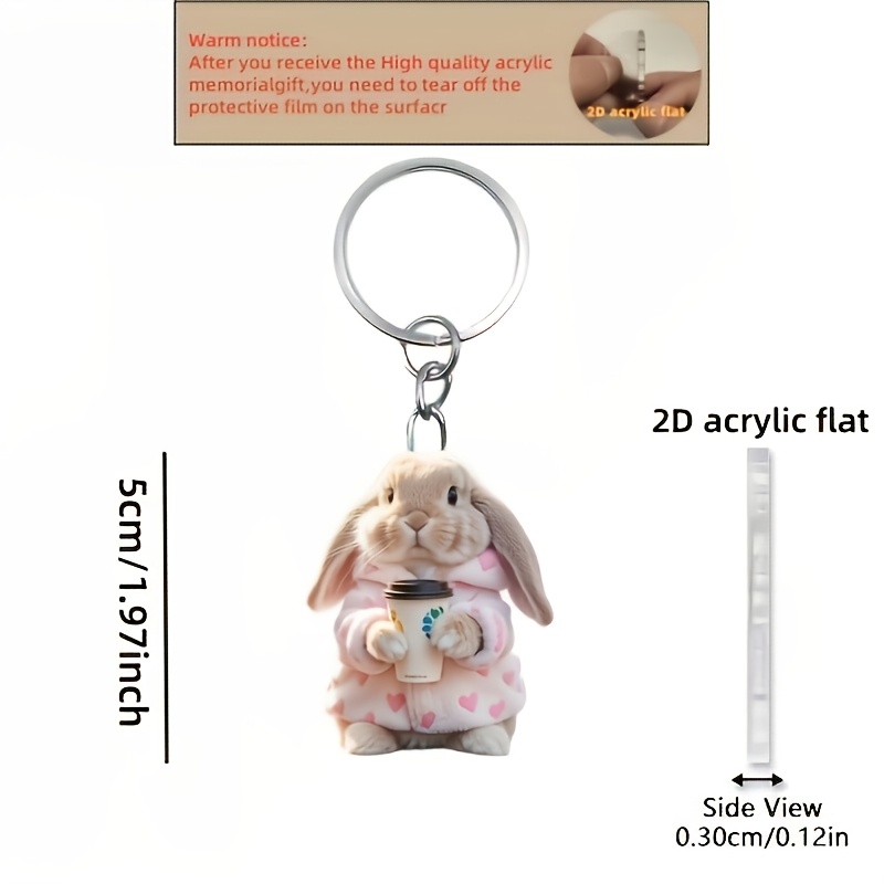 TEMU 2d Flat, 2d Flat Cute Rabbit Wearing A Heart Hoodie Drinking Coffee Pattern Keychain, Fun 2d Flat Acrylic Design Multi-functional Keychain, Key