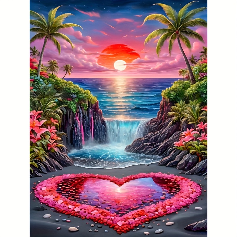Image of Sunrise Over The Sea, Heart-shaped Rose, Scenic Picture, Round Diamond Painting, Fully Studded, Exquisite Gift