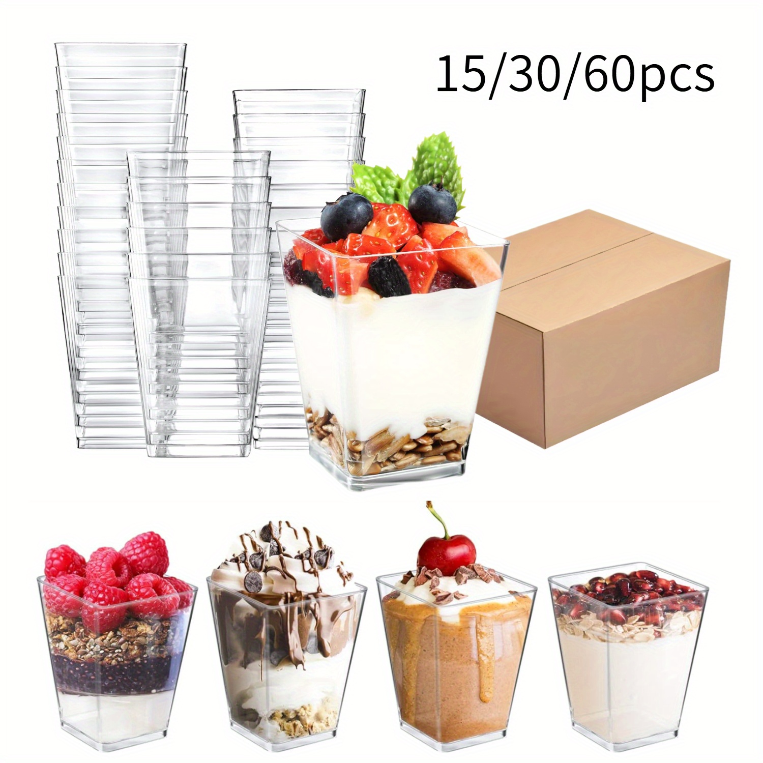15/30/60 szt. kwadratowe przezroczyste wielorazowe kubki na desery (150ml/5oz) – kubki na przystawki, puddingi, przekąski – idealne na urodziny, wesela, grillowanie, boże narodzenie, święto dziękczynienia, walentynki, halloween, świąteczne wydarzenia i akcesoria na halloween i boże narodzenie,   rok, walentynki, imprezy
