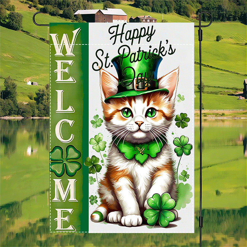 

[1pc 's Day Cat Garden Flag] 1pc 's Day Cat Garden Flag, Polyester Double-sided Outdoor Lawn Decor, Waterproof Burlap Welcome Flag With Shamrock Design, 12x18 Inch, For Patio & Garden