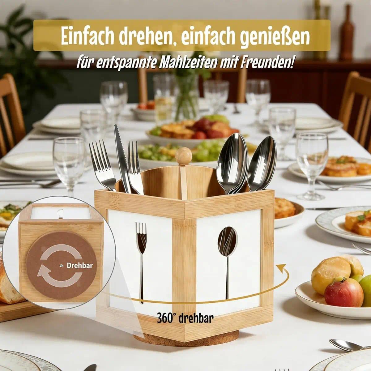 Image of Square Rotating Wooden Cutlery Rack, Solid Wood Kitchen Utensil Storage Box, Rotatable Desktop Kitchen Utensil Rack, Multi-functional Chopsticks And Seasoning Jar Rack