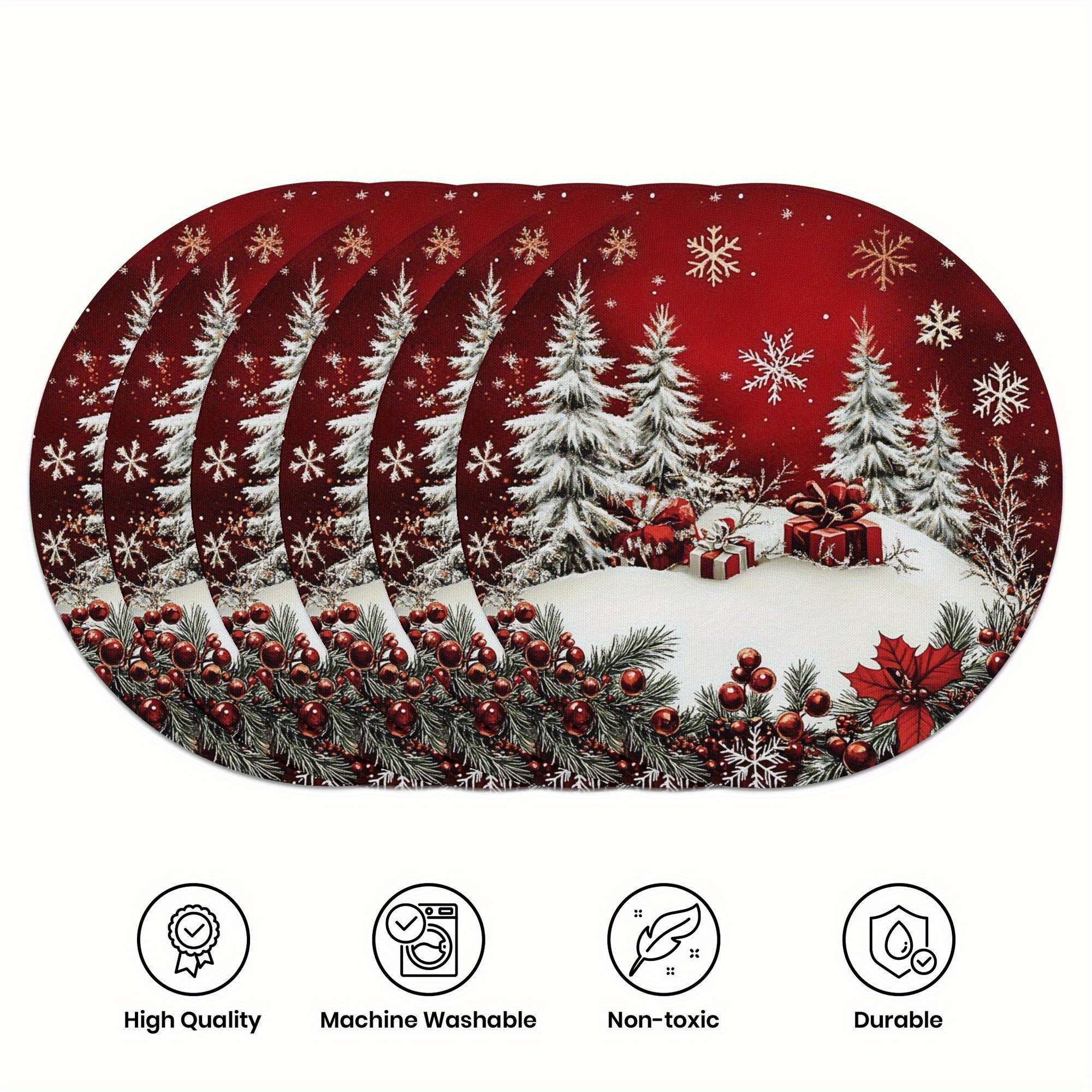 TEMU 6pcs Festive Christmas Tree & Snowflake Wooden Placemats - Non-slip, Heat Resistant, Holiday Tableware For Christmas Dinner, Thanksgiving,