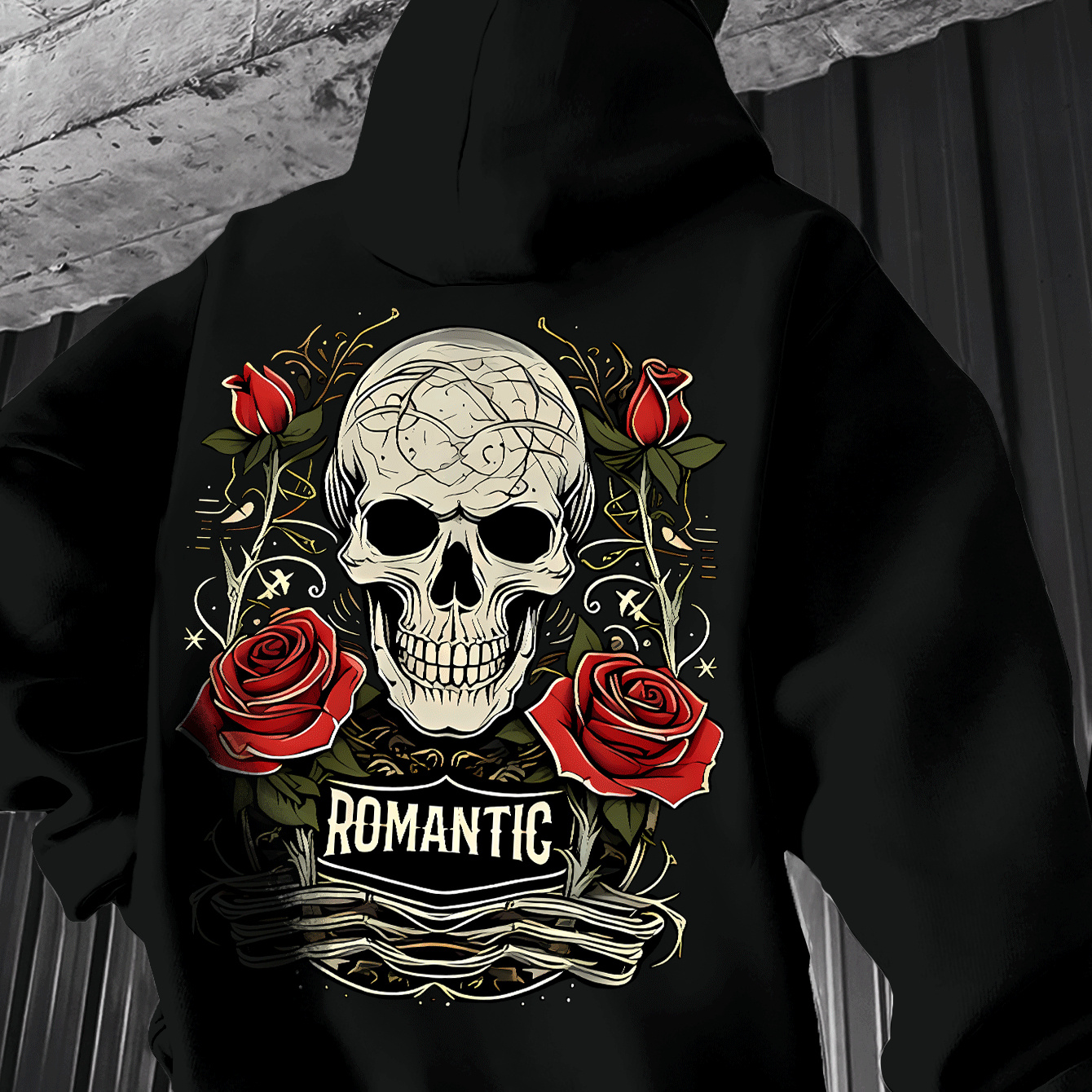 

1pc Men's Casual Skull And Roses Print Hoodie - Polyester Knit Fabric, Geometric Pattern, Regular Fit, Spring/autumn Season, Hooded Sweatshirt