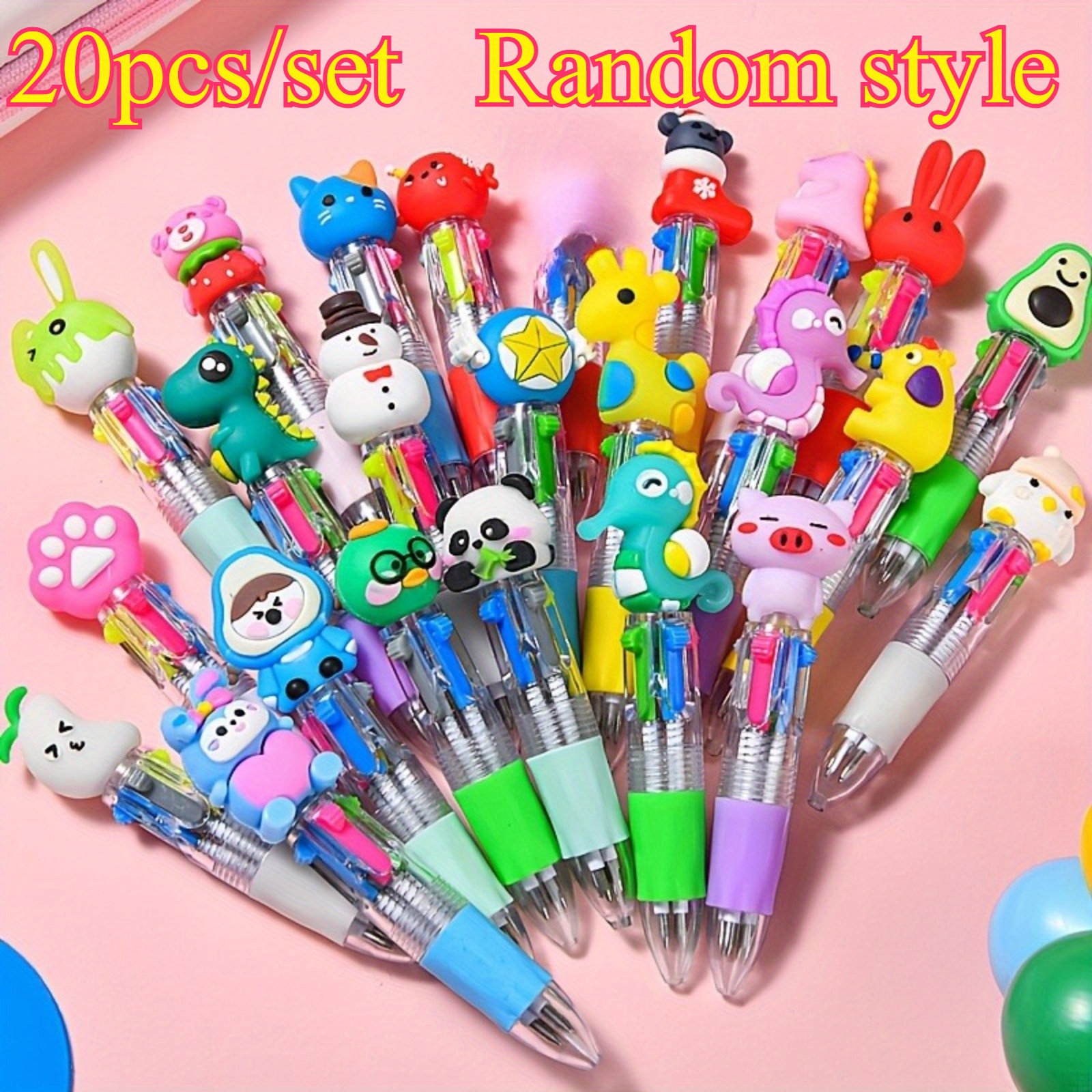 6 20pcs set cute cartoon mini retractable round ballpoint pens 4 in 1 colorful round ballpoint pens medium point oval shape with soft silicone grip suitable for school study supplies prizes and gifts Product details 2