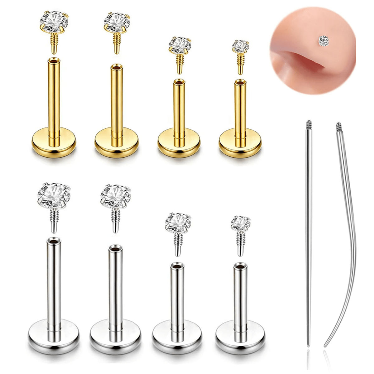 TEMU 10pcs Sets 16g Thread Flat Back Nose Studs Cz Nose Rings, Women Men, Hypoallergenic Nose Rings, Nose Nostril Tragus Helix Piercing Jewelry,