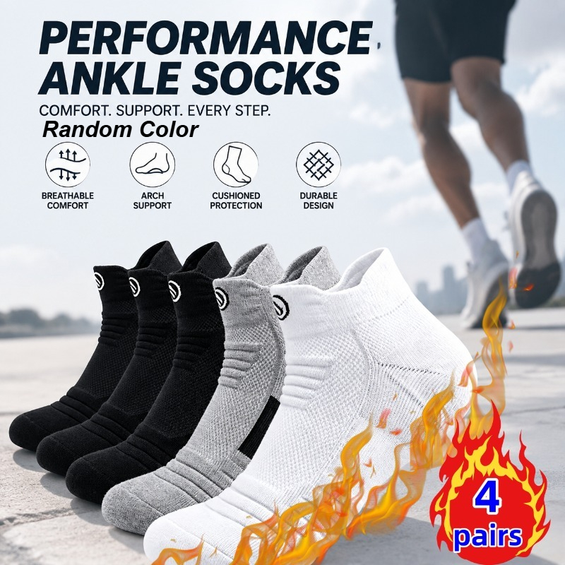 TEMU 4-pair Men's Compression Sports Short Socks, Reinforced Heel Anti-slip Design, Random Colors, Mesh Breathable Long-wear Non-stuffing, Fitness