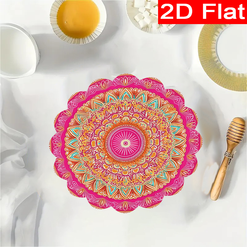 6pcs Mandala Placemats - Pink Table Mats With Lace Edges, 15-inch Round Boho Table Decor Suitable For Party, Wedding,, Dining Table - Hand Washable, 2d Flat