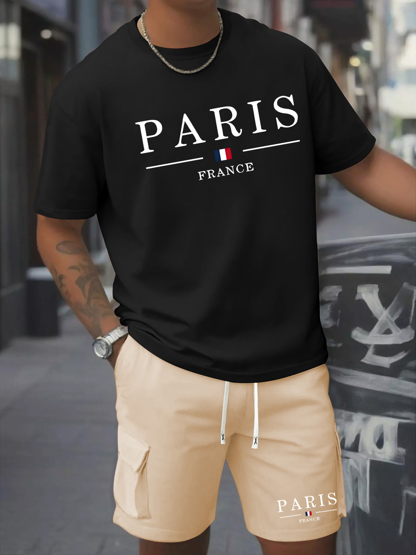Printed Men's 2pcs Set Round Neck Cotton Short Sleeve T-Shirt and Work Shorts Suit for Spring/Summer