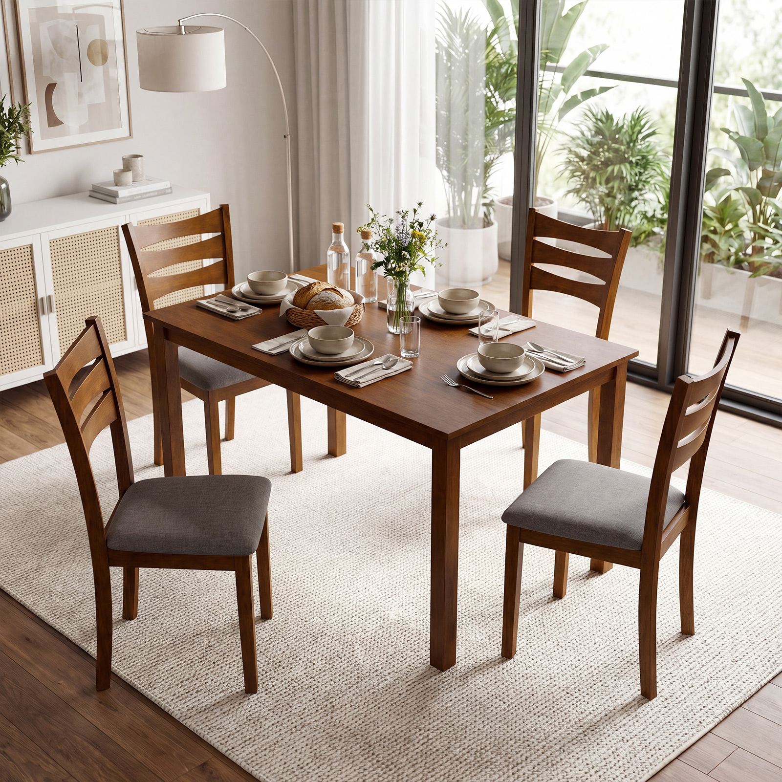 5pcs Compact Dining Table Set for 4 with Solid Rubber Wood Frame & Linen Upholstered Chairs - Space-Saving Rectangular Kitchen Table Suitable for Small Apartments, Breakfast Nook, Modern Farmhouse or Minimalist Furniture,