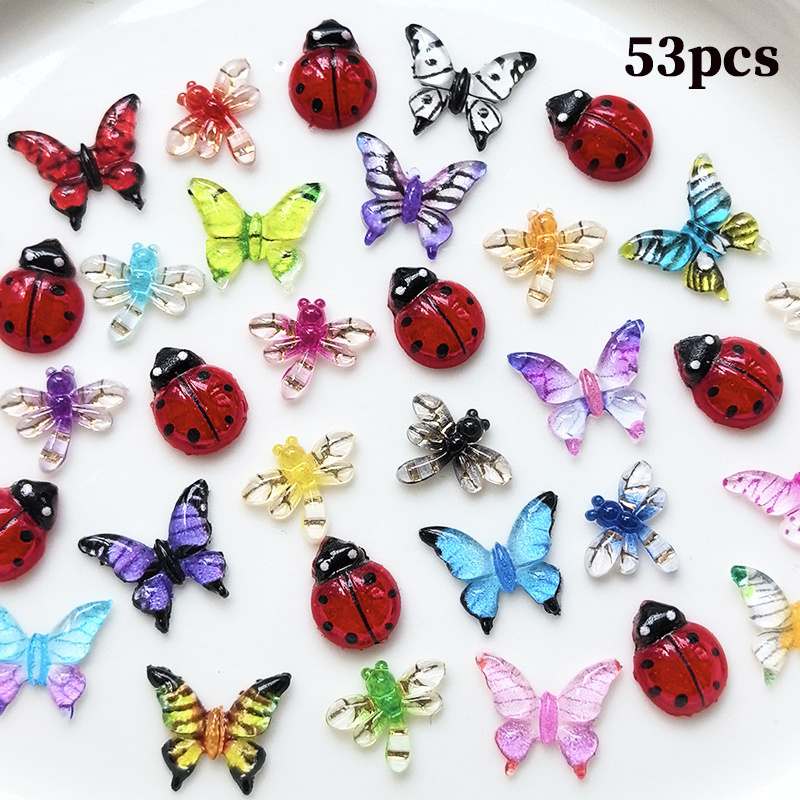 TEMU 33/53/83pcs Mini Papillons et Scarabées en Résine, Décorations Libellules, Décorations d'Insectes Colorés, Convient pour le Nail Art, les Pinces
