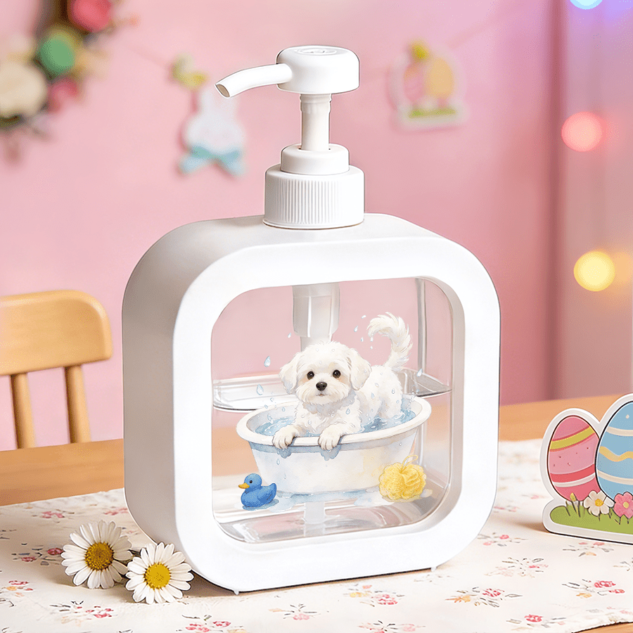 TEMU 【新作】ハンドポンプ付きティブサー - 小さな白い犬が浴槽に浸かり、ゴム製アヒルとバスボールデザイン。浴室、キッチン、シンクに最適 - 石鹸、ハンド、シャワージェルなどに。 - ティブなローションボトル