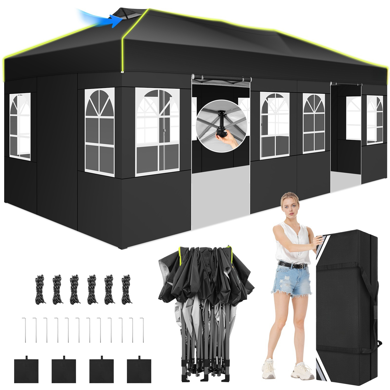 TEMU Pavillon pliable 3x6m, en tissu Oxford, verrouillage central , tente de fête pliable avec bandes fluorescentes, murs à 6 côtés, pavillon de