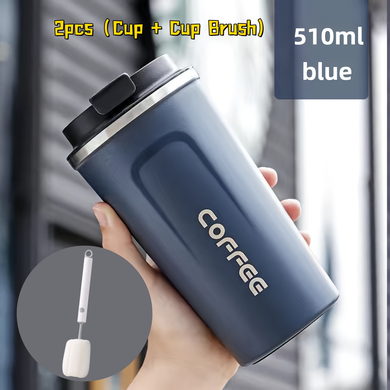 TEMU New 2pcs (coffee Cup And Brush) Vacuum Insulated Coffee Travel Mugs, Leak-proof Single-layer Stainless Steel Reusable Vacuum Cup, Matte Surface