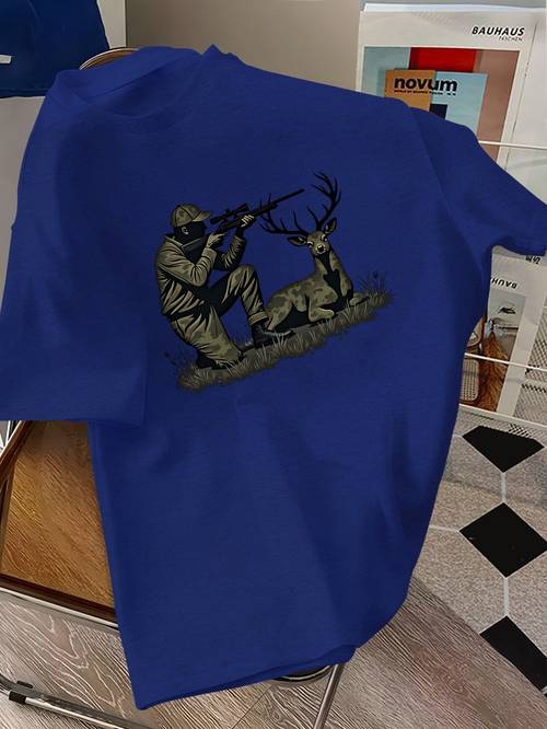 mens hunter deer silhouette graphic t shirt camouflage hunting scene print breathable short sleeve round neck casual tee for summer hunting apparel graphic print tee breathable fabric