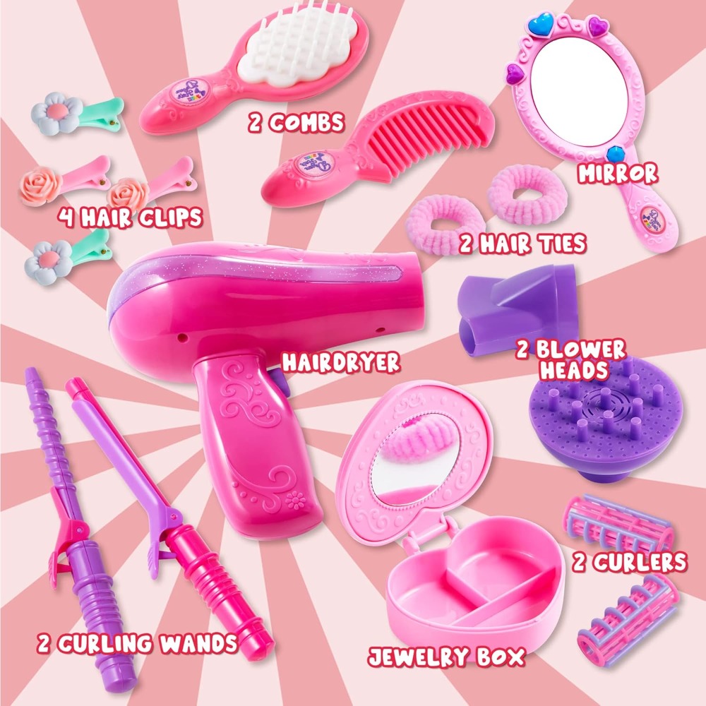 TEMU Kit de salon de beauté pour filles, 17 pièces, comprenant un kit de coiffeur de poupée pour jeu de rôle avec un sèche-cheveux, un , un fer à