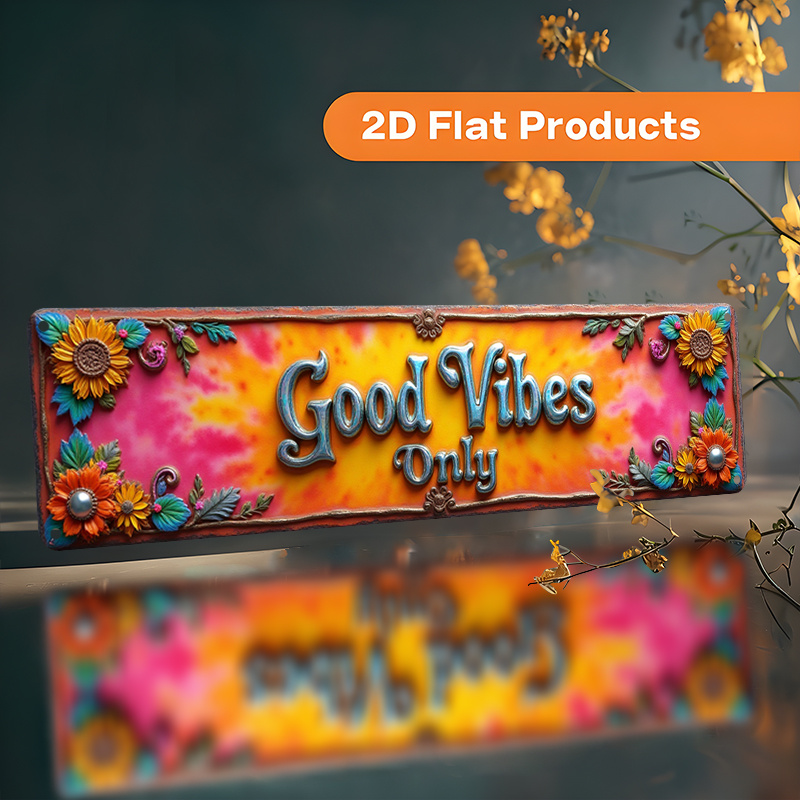 E-shop 2D Flat - Ein Aluminiumschild im Vintage-Stil mit der Aufschrift "Good Vibes ", Maße 10x40 cm (3,9x15,7 Zoll). Diese rustikale Dekorplatte