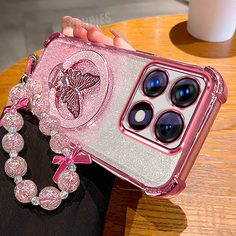 TEMU para Teléfono - para Xiaomi 14T Lujo Glitter Soporte Plegable con Cordón de Cuentas Correa de Muñeca Cadena y para Teléfono con Baño en Grado