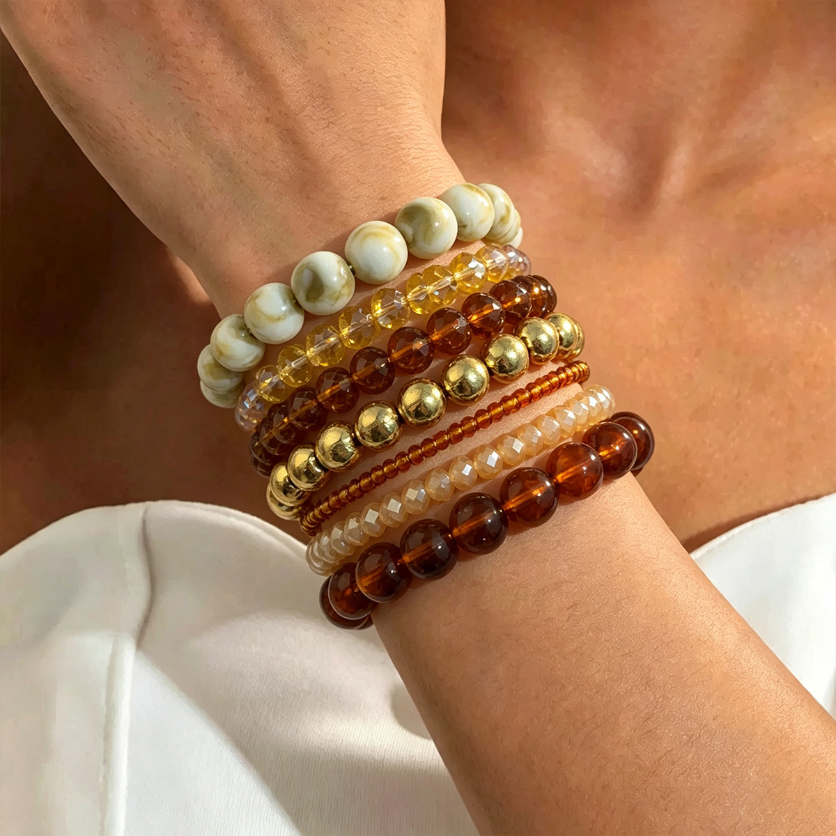 7pc Retro Caramel Color Beaded Bracelet Set