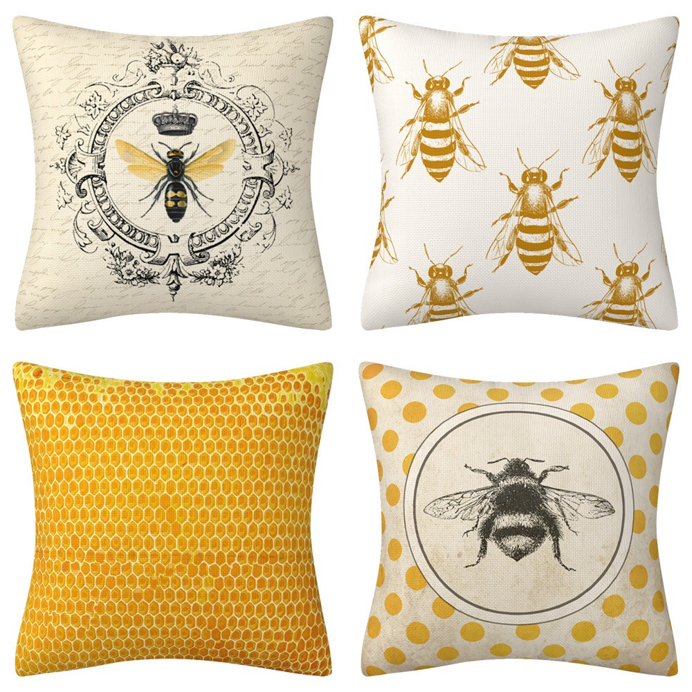 TEMU 4 Housses de Coussin à Thème Abeille - Motif Géométrique Moderne, Housse de Coussins Décoratives en Polyester avec Fermeture Éclair, Lavables en