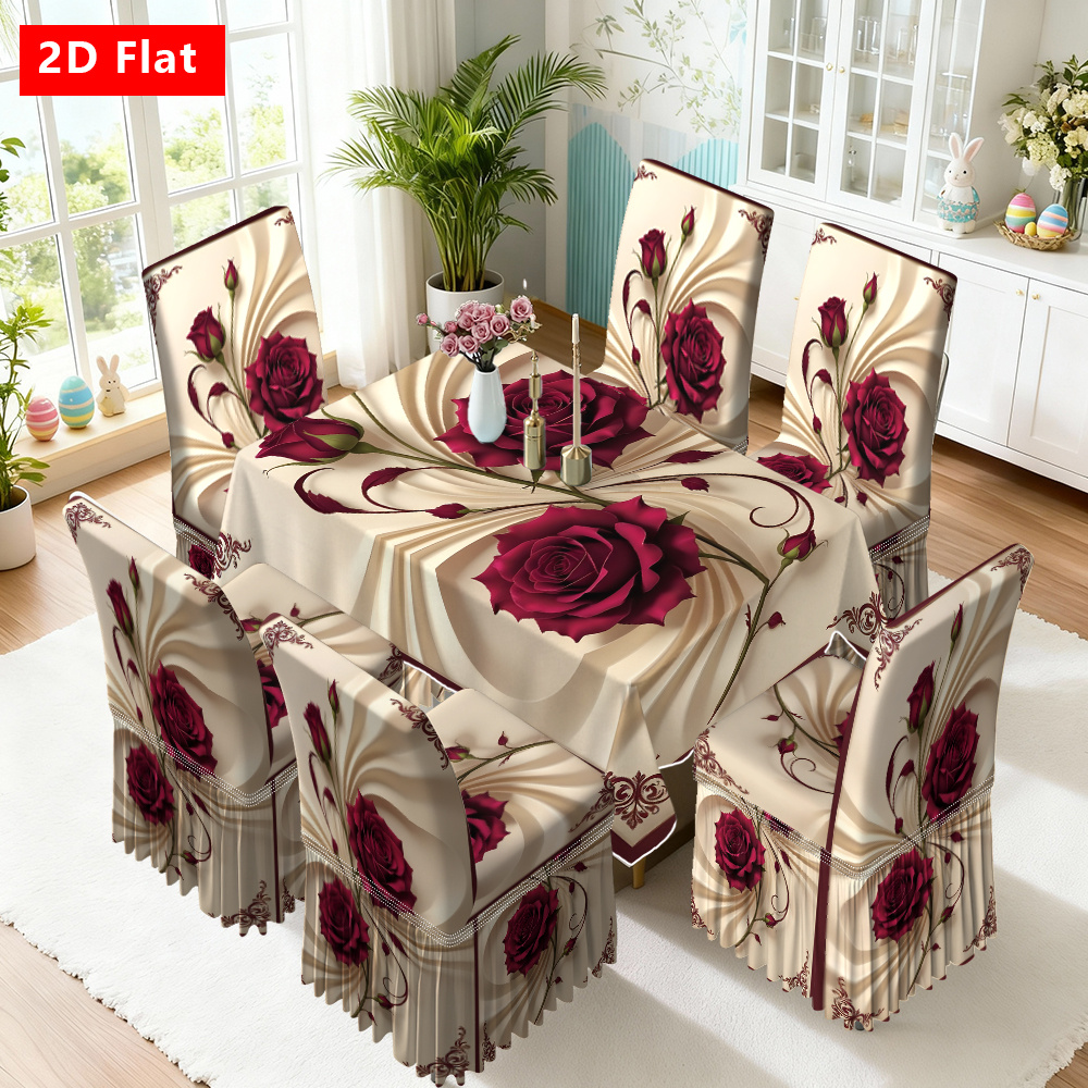 TEMU Spring/summer New Skirt Chair Cover Tablecloth Set - 2d Flat Beige Base With Full-print Red Rose Pattern, Classic Fashion Decorative Pleated
