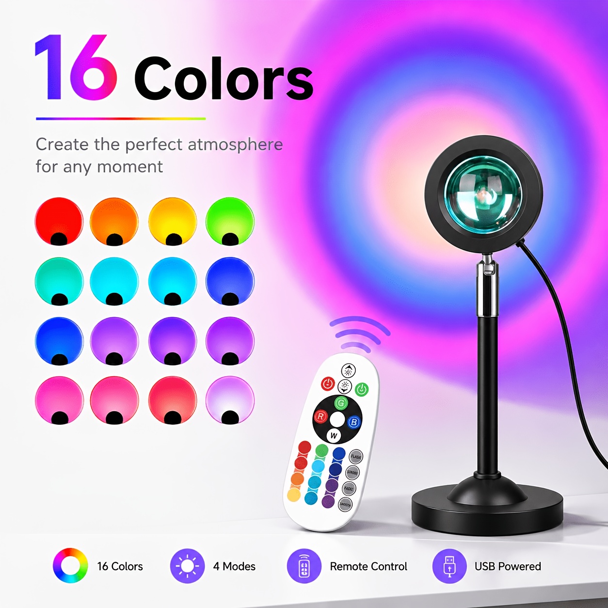 TEMU New Sunset Projection Light, Led Ambient Projection Light, With 16 Colors And 4 Lighting . Suitable For Party Decorations, Art Decorations, Home