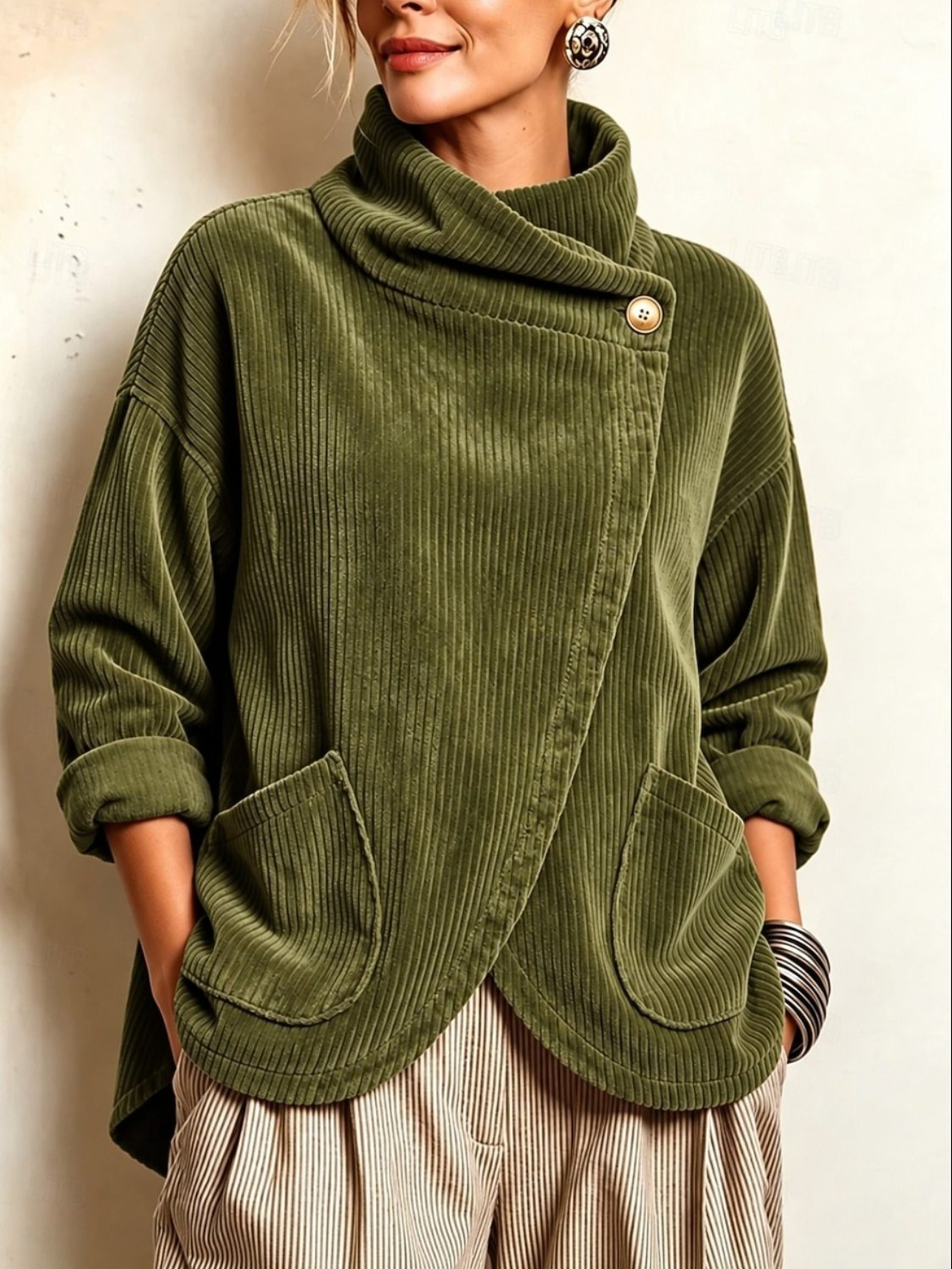 item picture new   womens stand collar corduroy jacket asymmetric button design long sleeve front pockets loose fit casual solid color fall winter outerwear suitable for daily wear   machine washable