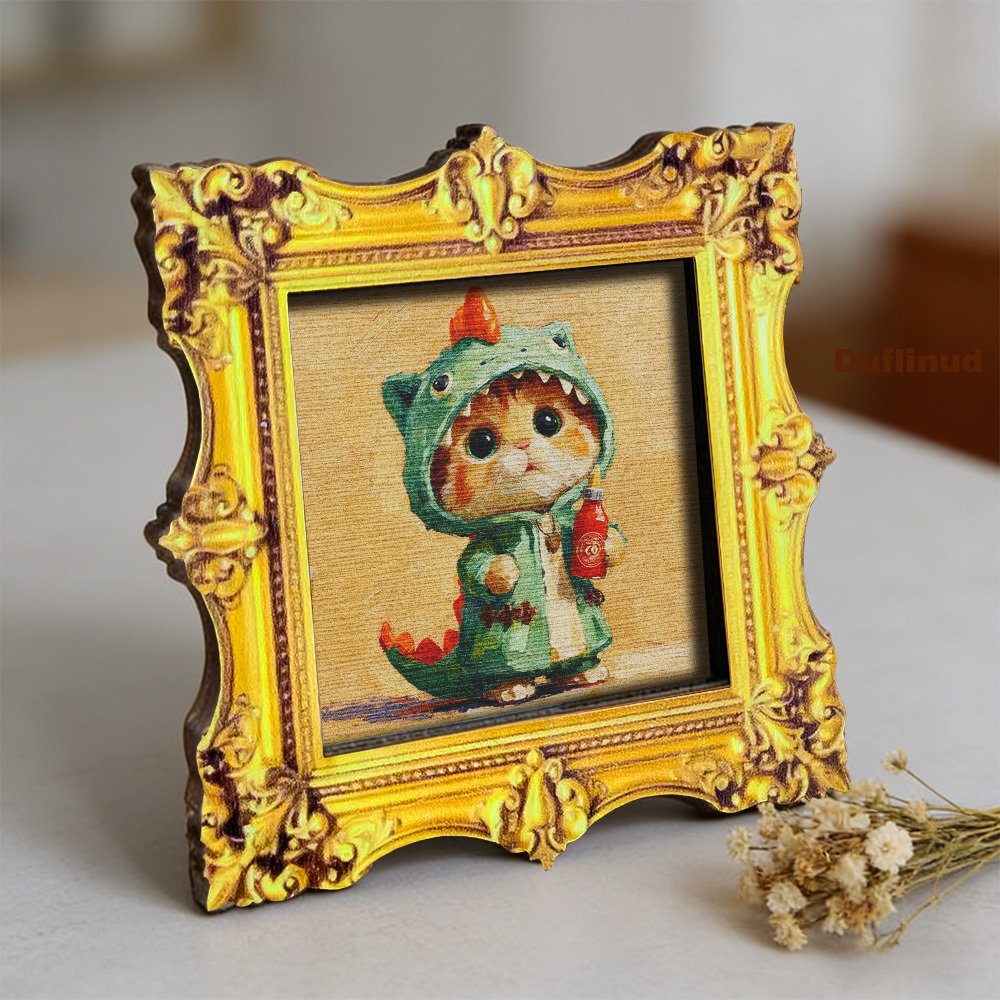 TEMU 1pc Wooden Cute Kitten Wearing Dinosaur Suit Fridge Magnet, Mini Oil Painting Style Decorative Art, Square Wooden Fridge Sticker, Fun Pet,