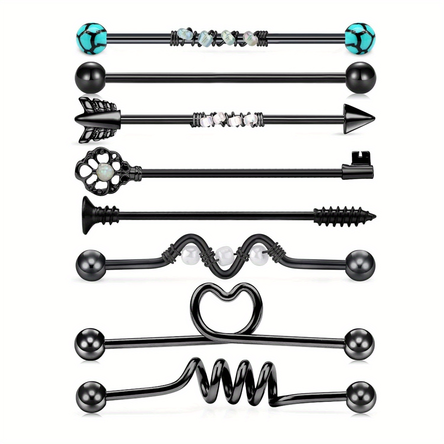Image of Set Of 8 Punk 14g 304 304 304 Stainless Steel Industrial Barbells For Cartilage Body Piercing Jewelry, 38mm, In Styles