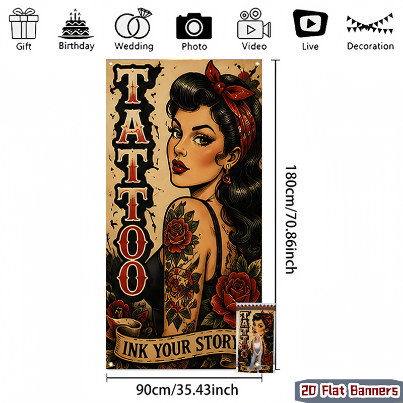 TEMU 2d Flat, 2d Flat Banner, 1pc Retro Artistic Rose Tattoo Theme Design-artistic Polyester Hanging Decorations Suitable For Home, Party, Terrace,