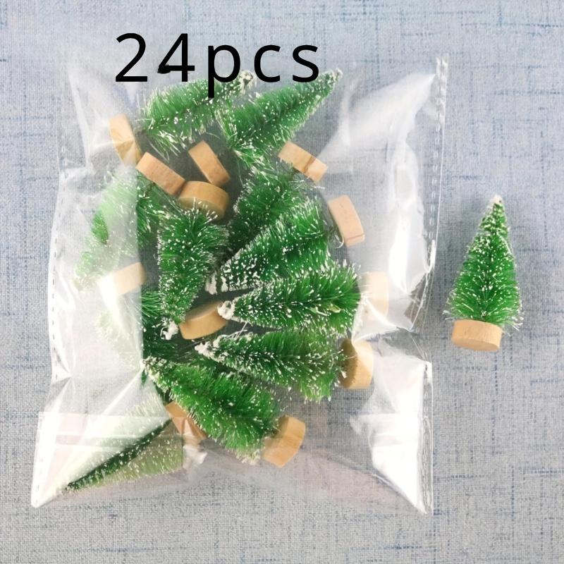 24pcs Mini Christmas Trees With Wooden Bases - Green Artificial Plastic Trees For Crafts And Table Decor, Perfect For Parties