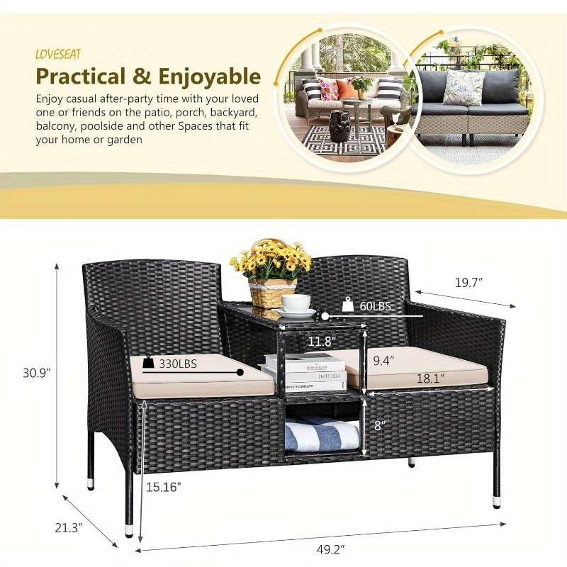 Outdoor Patio Loveseat Modern Rattan 2Seat Patio Conversation Set with Cushions and Builtin Coffee Table Porch Furniture for Garden Lawn Backyard Beige
